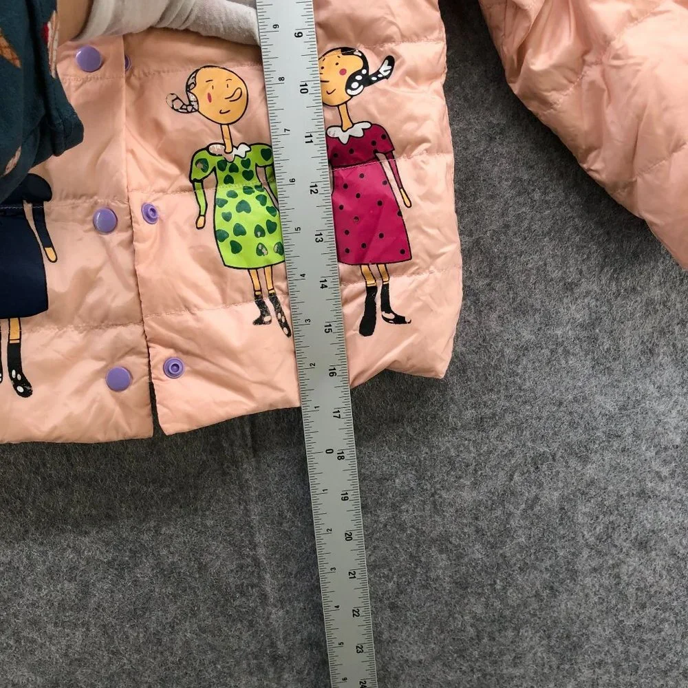Girls 5T‎ (110) Down Puffer Jacket Pink Quilted Snap Button Popeye Olive Print